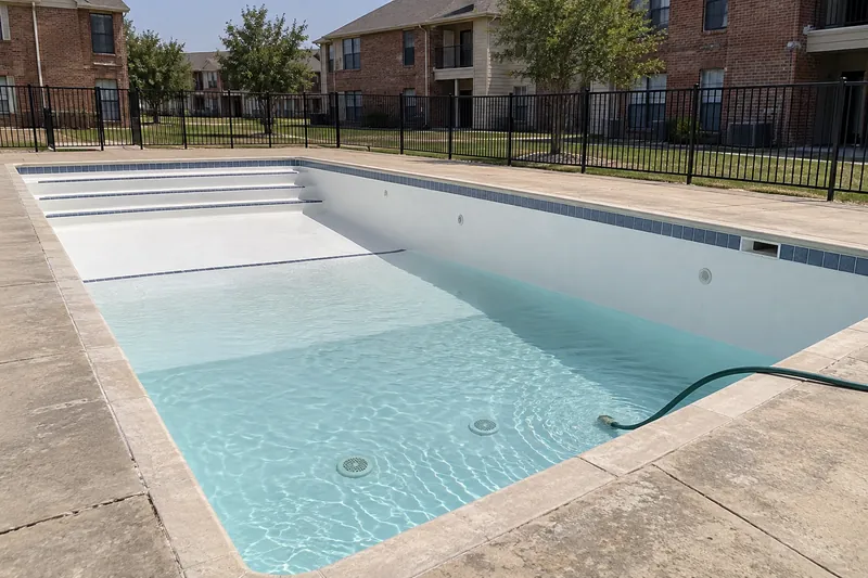 Large community pool with a new white finish being refilled