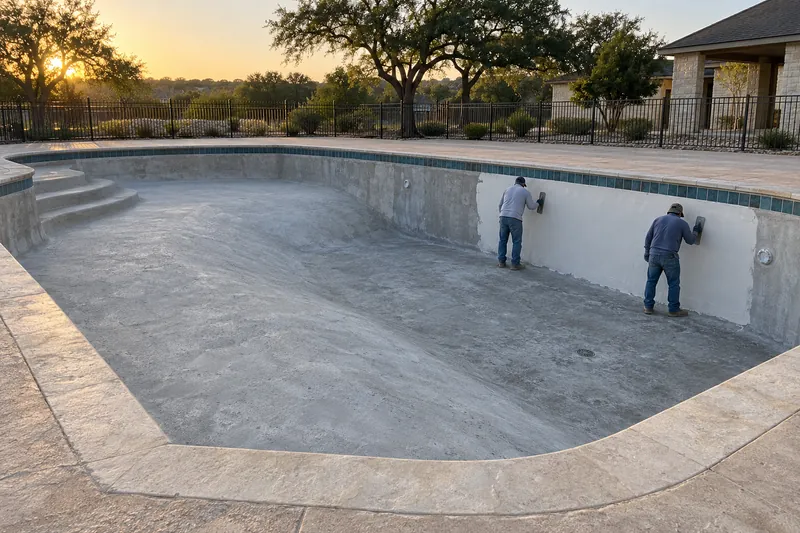 Finishers applying a white finish in a large drained community pool