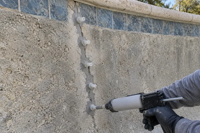 Injection ports set along a crack in a pool shell
