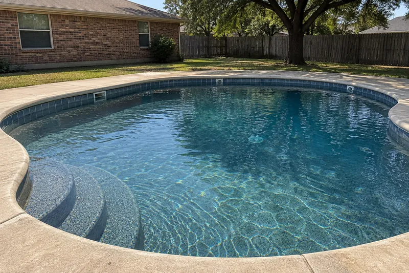 Backyard pool with a dark pebble finish and deep blue-green water