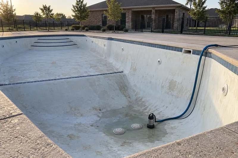 Drained community pool with a pump hose over the coping and gate closed