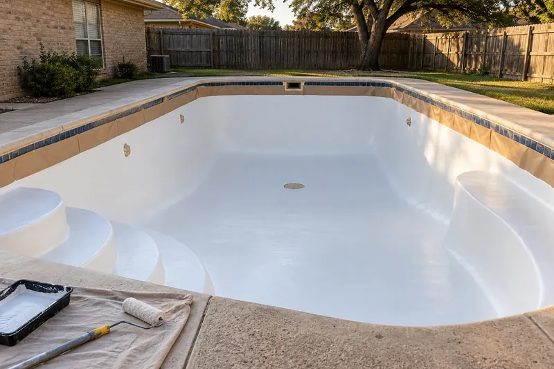 Drained pool freshly coated with white epoxy pool paint