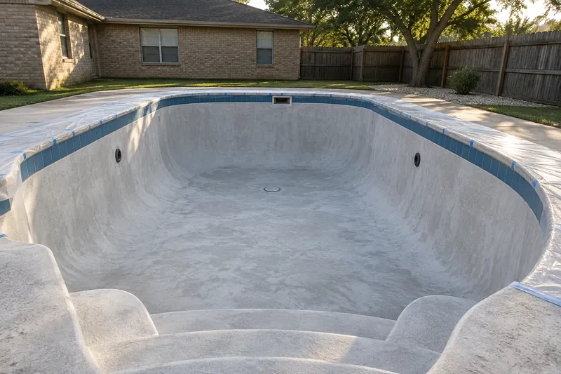 Drained pool cleaned and masked for resurfacing, fittings plugged