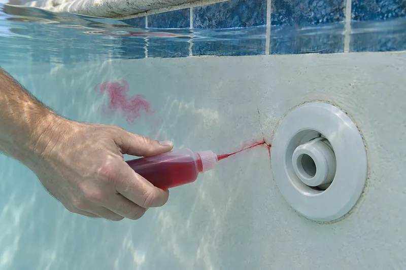 Red test dye drawn into a crack beside a pool return fitting