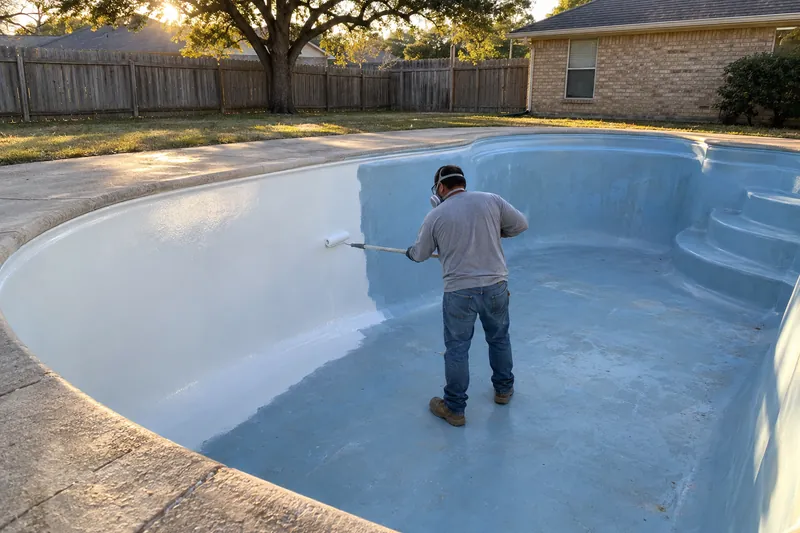 White epoxy coating rolled onto a drained fiberglass pool wall