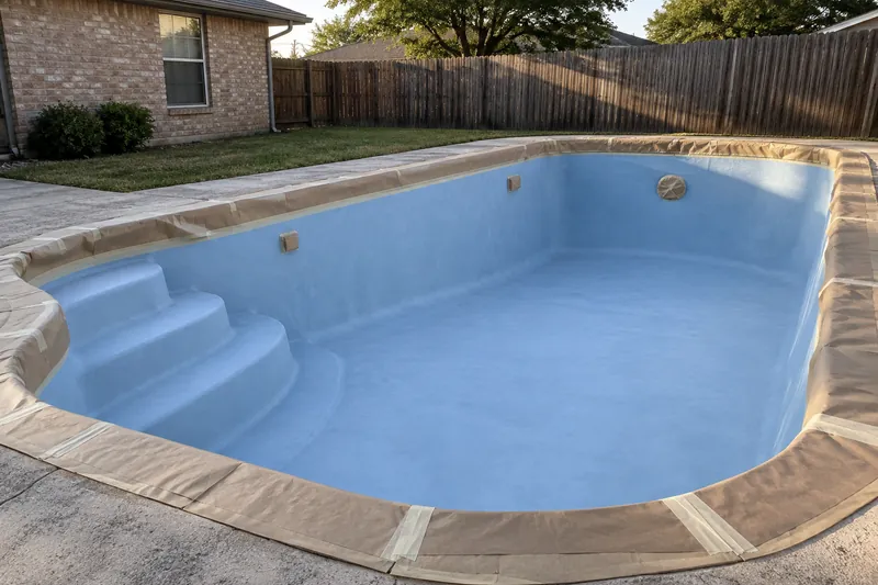 Drained fiberglass pool sanded and masked for a new coating