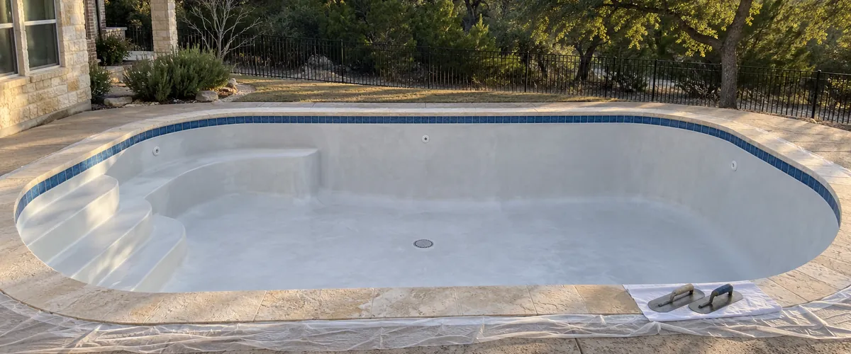 Freshly plastered backyard pool shell, still empty, on plaster day
