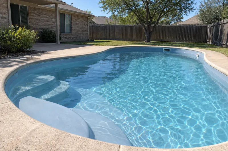 Glossy refinished gelcoat on the steps of a full fiberglass pool