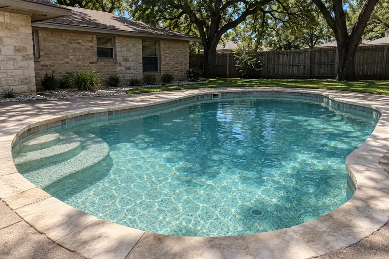 Light pebble finish under clear water in a pool shaded by live oaks