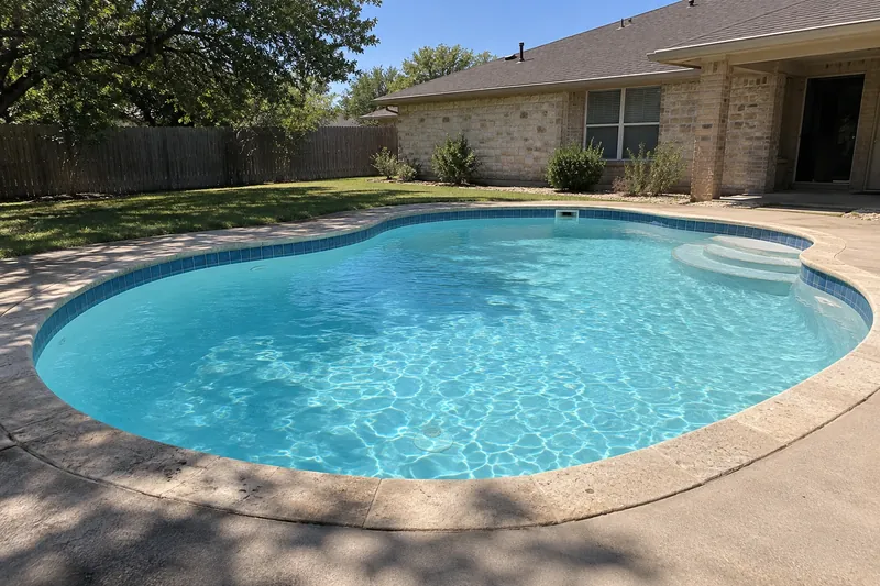 Older kidney-shaped pool with new white plaster and light blue water