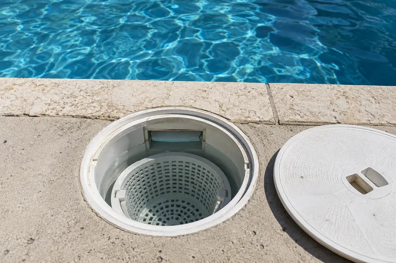 Open pool skimmer showing the basket and the weir flap
