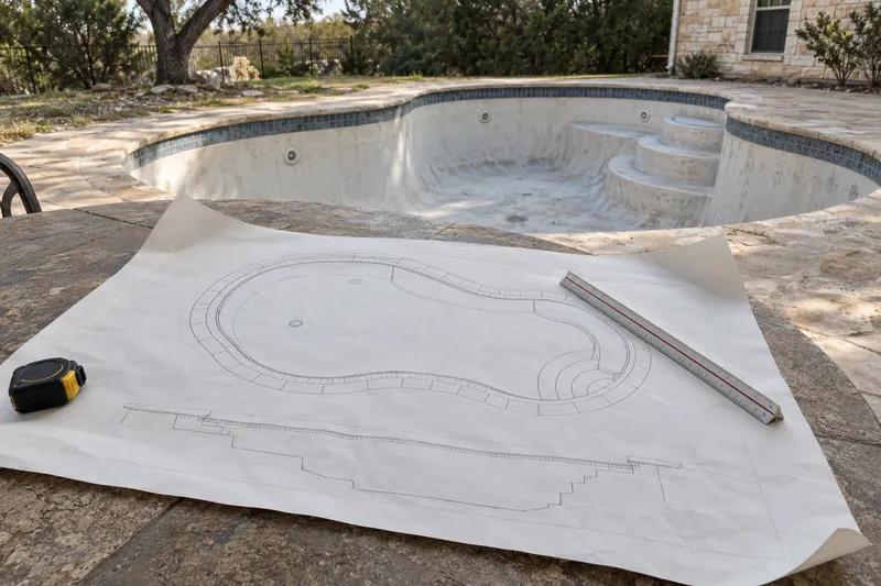 Engineered remodel drawings on a patio table beside a drained pool