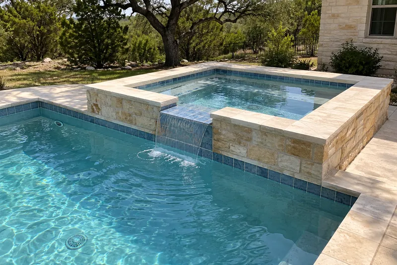 Raised spa with a spillway into an existing backyard pool