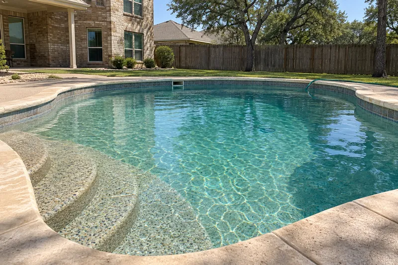 Freshly refilled backyard pool with a tan and gray pebble finish