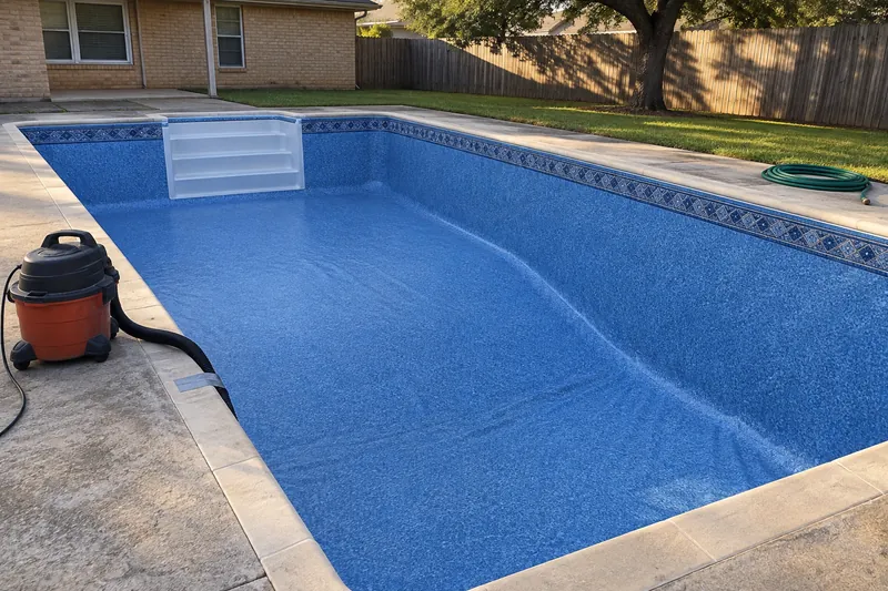 Shop vacuum drawing a new vinyl liner tight against the pool walls