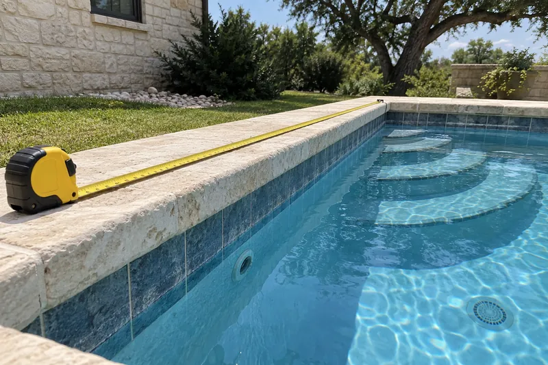 Tape measure stretched along the coping of a backyard pool