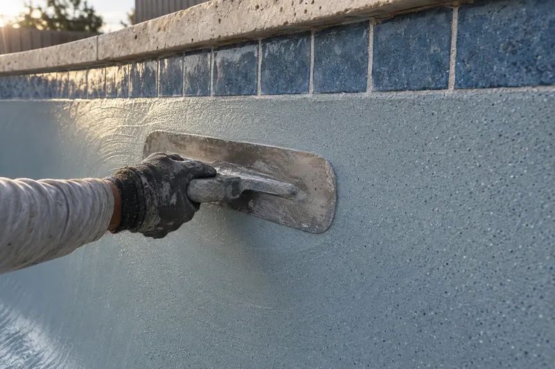 Pool trowel smoothing fresh speckled quartz plaster on a wall