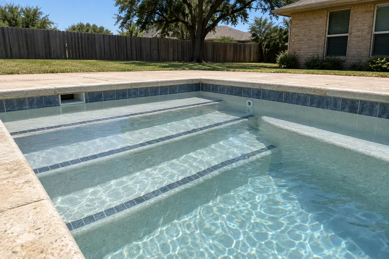 Wide entry steps and a bench seat in a backyard pool